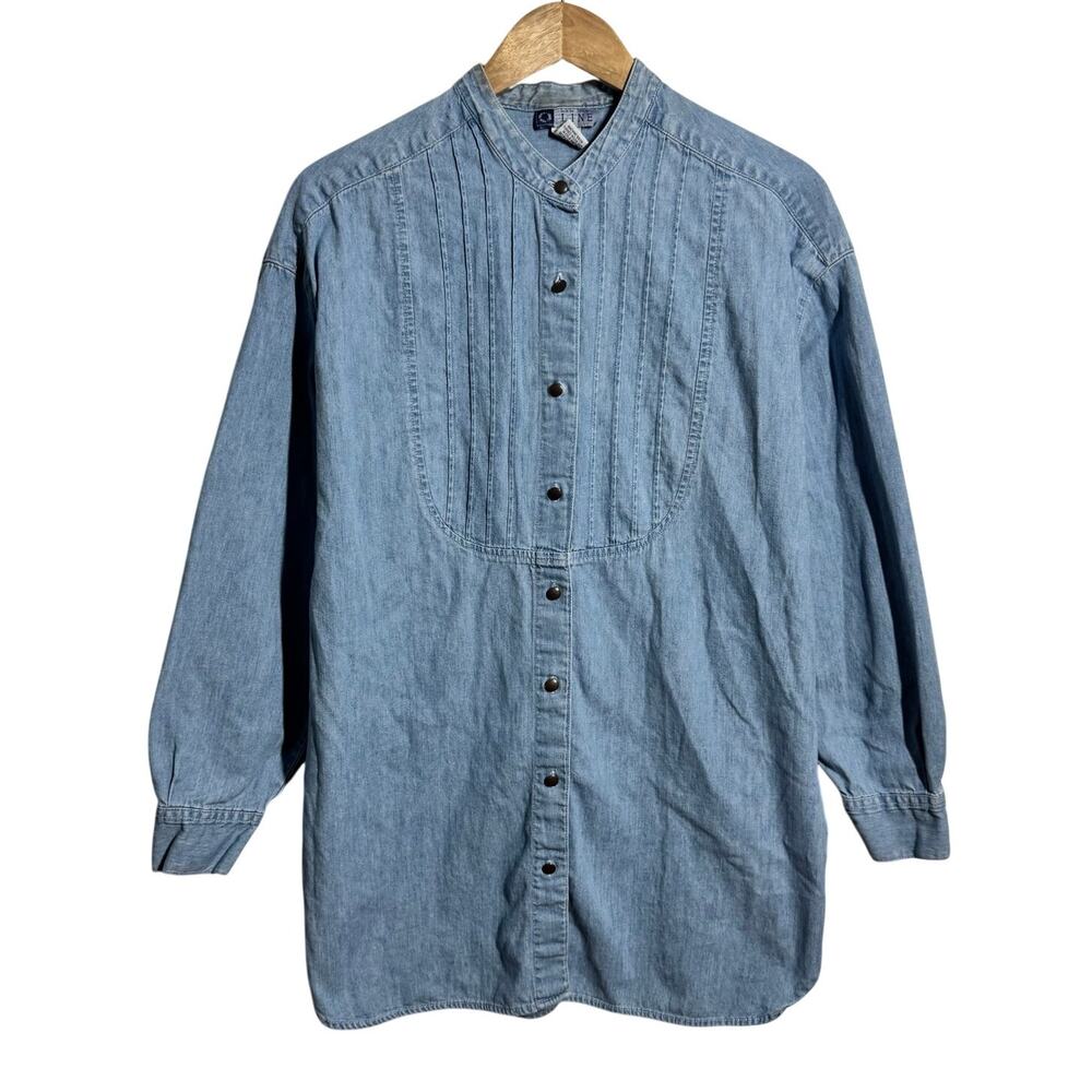 New York Line Denim Cotton Shirt Women L Blue Western Boho Minimal Modest